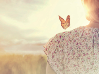 special moment of meeting between a butterfly and a girl in the middle of nature