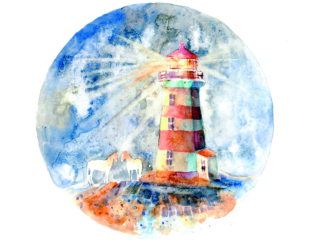 watercolor old red and white lighthouse with two white horses near it on the round colorful texture background; Shutterstock ID 680389918; PO Number - Raise a BBC PO Using Vendor No. 1150465: -; Employee Email: -