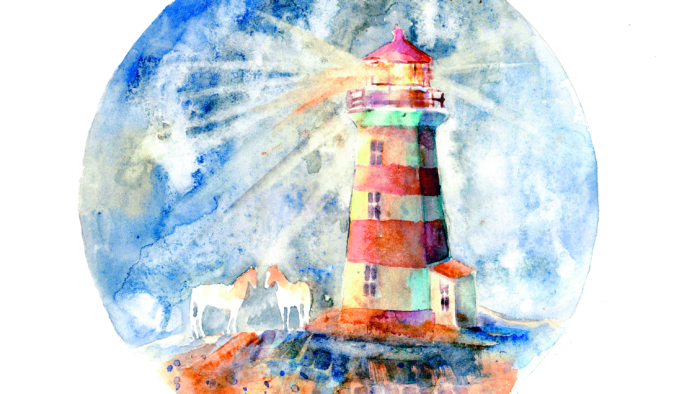 watercolor old red and white lighthouse with two white horses near it on the round colorful texture background; Shutterstock ID 680389918; PO Number - Raise a BBC PO Using Vendor No. 1150465: -; Employee Email: -