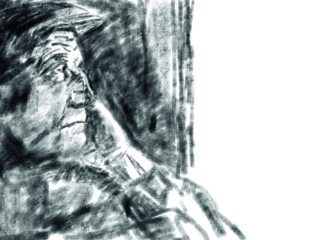 Portrait of a lonely old man. Oldster in a cap looks out the window. Black oil pastel, watercolor paper texture. Academic drawing. Black and white illustration.; Shutterstock ID 1325590970; PO Number - Raise a BBC PO Using Vendor No. 1150465: -; Employee Email: -