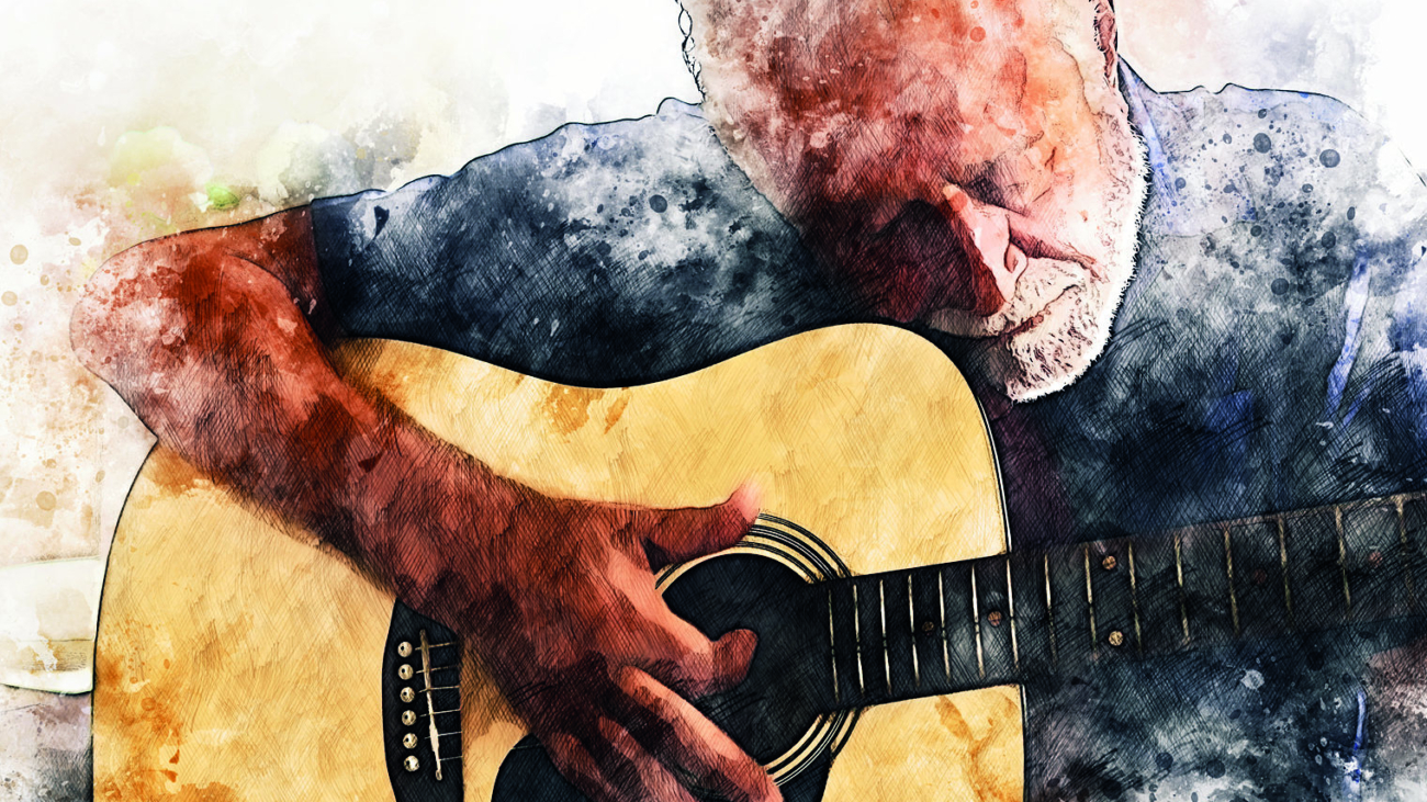 Abstract senior man playing acoustic Guitar in the foreground on Watercolor painting background and Digital illustration brush to art.; Shutterstock ID 1619470546; Project: -