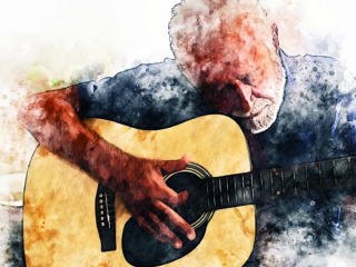Abstract senior man playing acoustic Guitar in the foreground on Watercolor painting background and Digital illustration brush to art.; Shutterstock ID 1619470546; Project: -