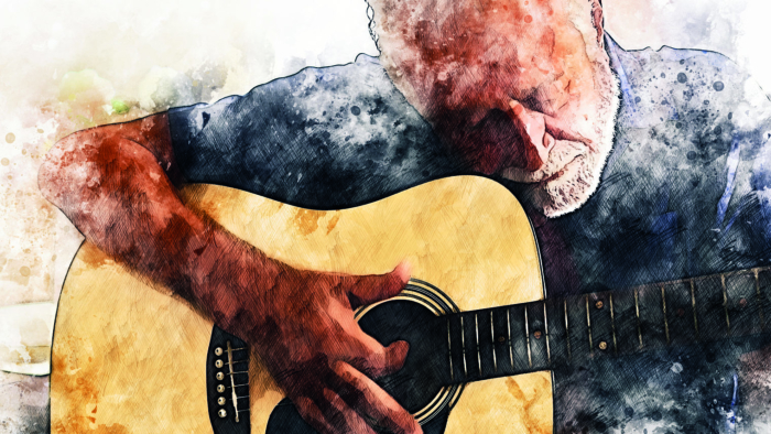 Abstract senior man playing acoustic Guitar in the foreground on Watercolor painting background and Digital illustration brush to art.; Shutterstock ID 1619470546; Project: -