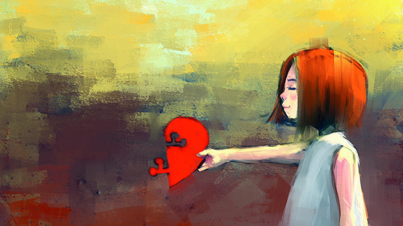 digital painting of witch girl with red puzzle heart, acrylic sketched on canvas texture, story telling illustration; Shutterstock ID 650531467; Purchase Order: purchase_order
