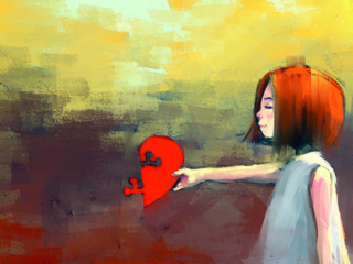 digital painting of witch girl with red puzzle heart, acrylic sketched on canvas texture, story telling illustration; Shutterstock ID 650531467; Purchase Order: purchase_order
