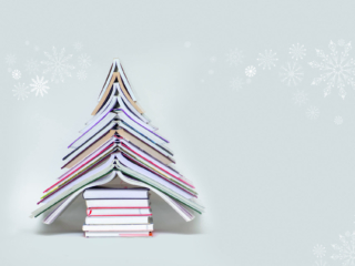 symbol Christmas tree from a colorful books on grey background. Empty copy space for your greetings
; Shutterstock ID 530126731; Purchase Order: -
