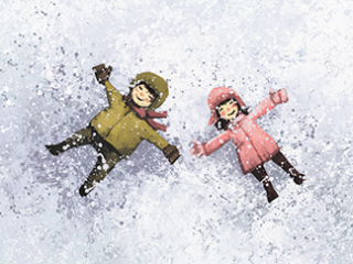 boy and girl happy in winter outdoor, digital painting illustration