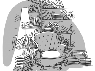 Reading nook, cozy room with bookshelves, line illustration
