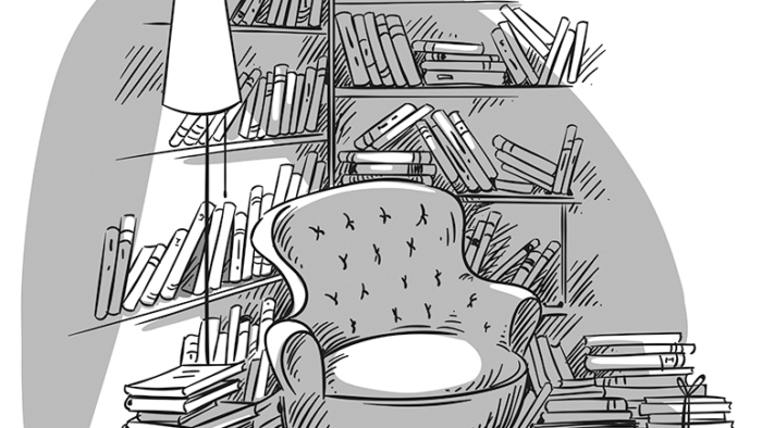 Reading nook, cozy room with bookshelves, line illustration